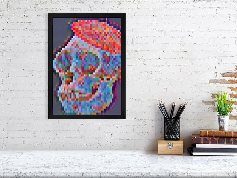 Bore ape artist skeleton head with red hat with different print sizes by Rossi Kelton. 