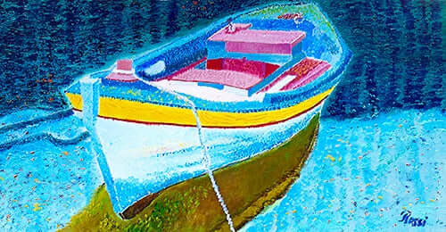  Boat on a dock impressionist pointillism oil painting by Rossi Kelton.