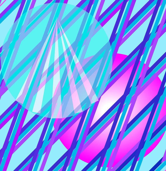 Blue and purple diagonal lines on top of two cyan and purple circles digitally designed by Rossi Kelton. 