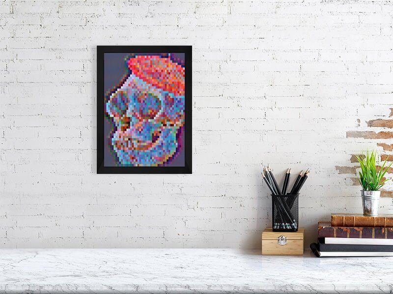 Bore ape artist skeleton head with red hat with different print sizes by Rossi Kelton. 