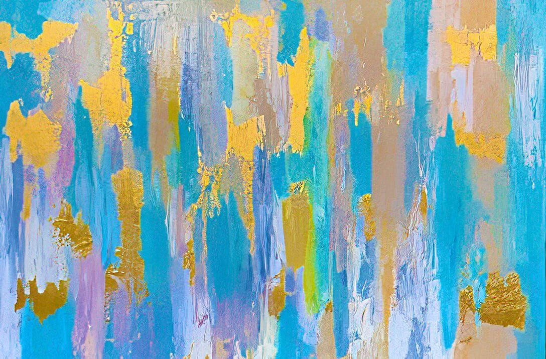 Happy Gold and Blues, 2020, oil on canvas, 24 x 36 inches - Rossi