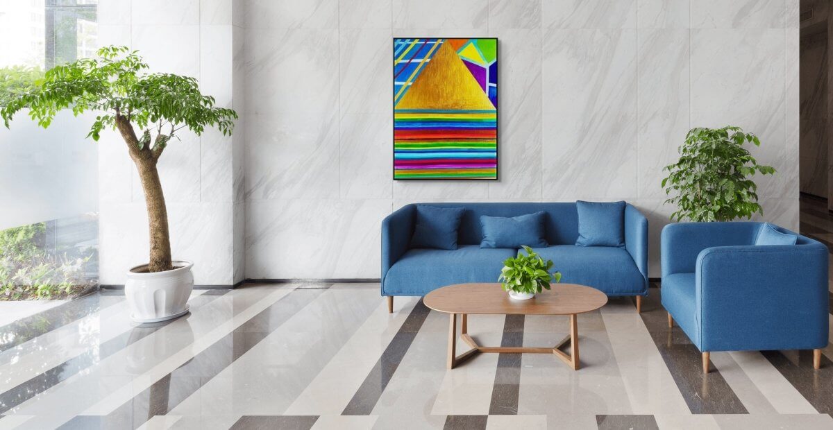 Lines and triangle, 36 x 48 in., Acrylic/Metallic Gold, Canvas, 2020 - Rossi Kelton Fine Art